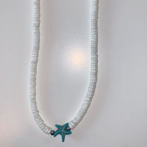 White Seashell Choker with Teal Starfish Charm